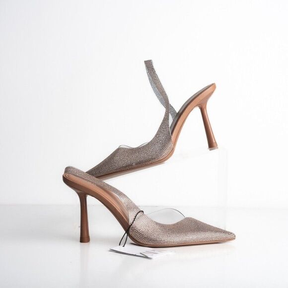 Zara Womens Rose Gold Rhinestone D'Orsay Heels Pumps Vinyl US 6 EU 36 NWT - Picture 2 of 8